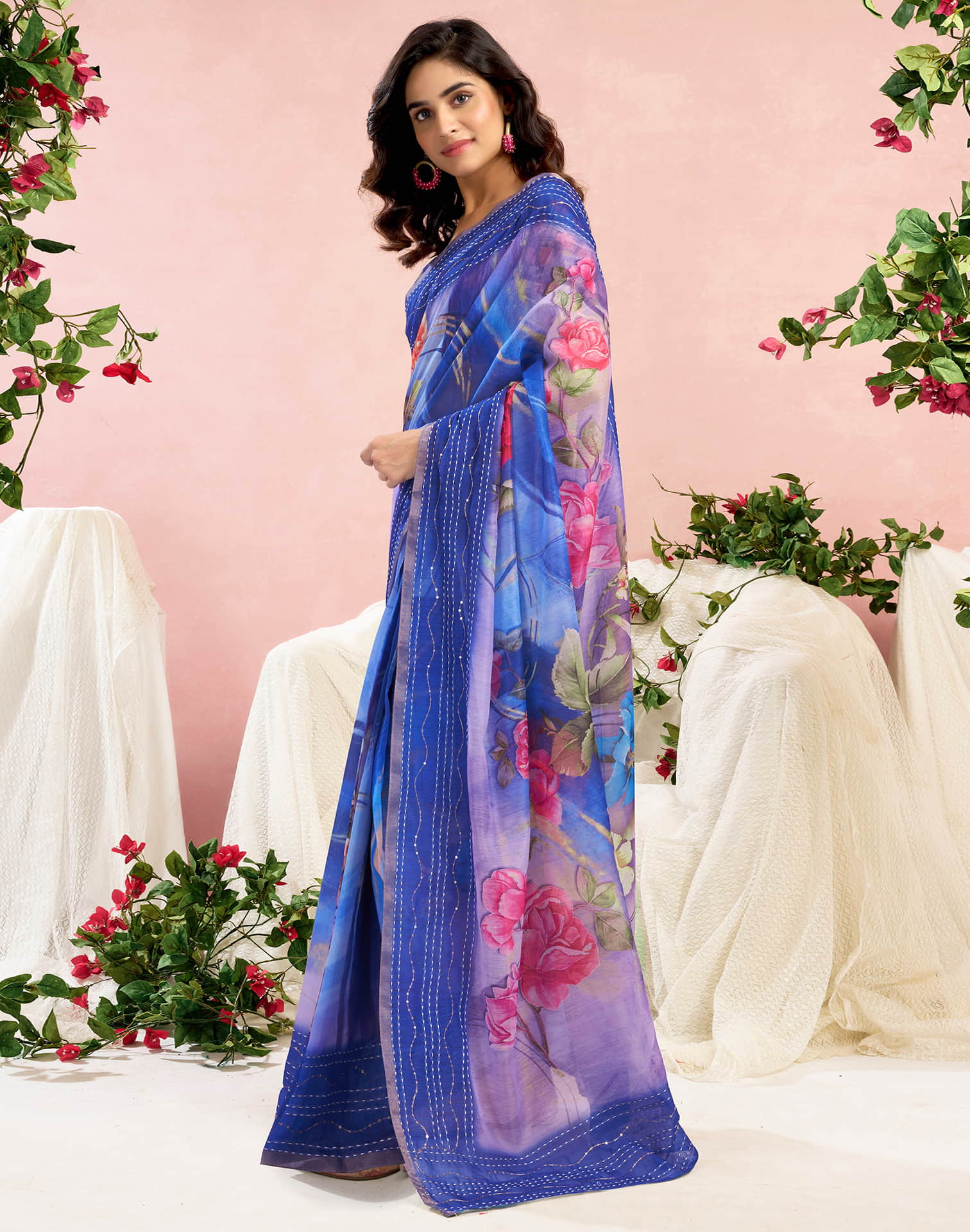 Ready To Wear Blue Chanderi Embroidery Floral Printed Saree