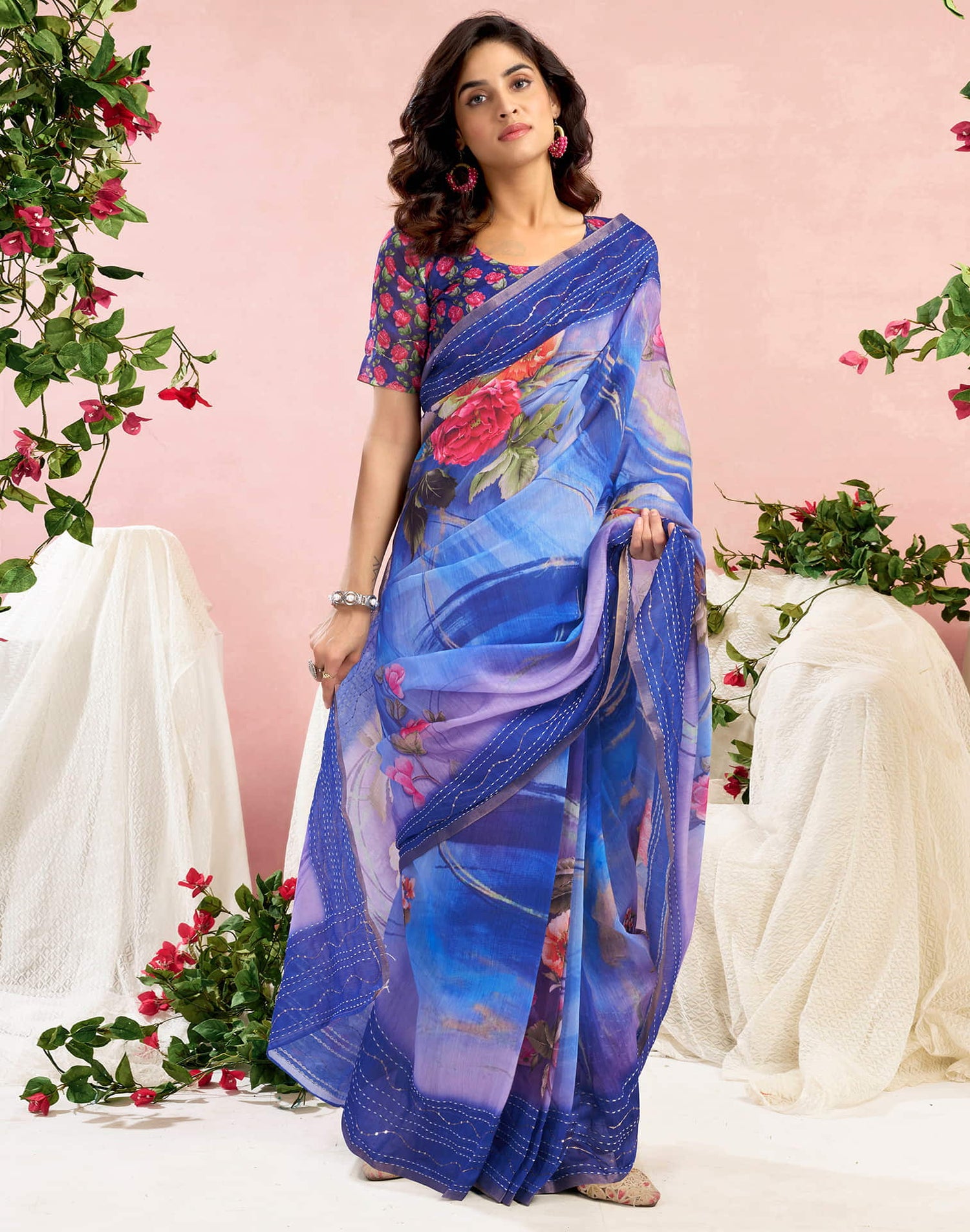 Ready To Wear Blue Chanderi Embroidery Floral Printed Saree