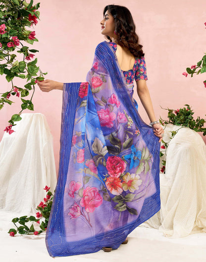 Ready To Wear Blue Chanderi Embroidery Floral Printed Saree