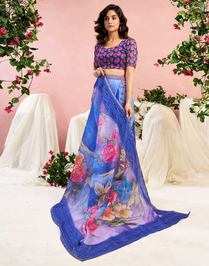 Ready To Wear Blue Chanderi Embroidery Floral Printed Saree