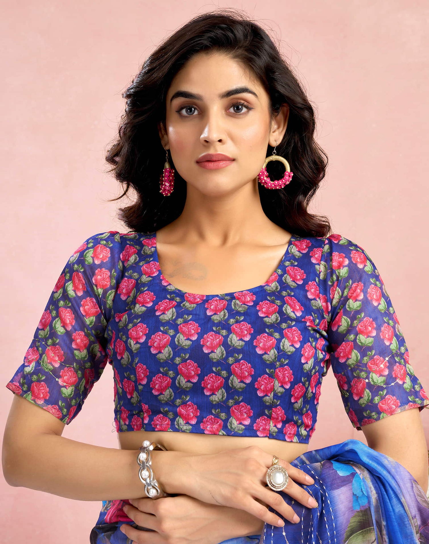 Ready To Wear Blue Chanderi Embroidery Floral Printed Saree