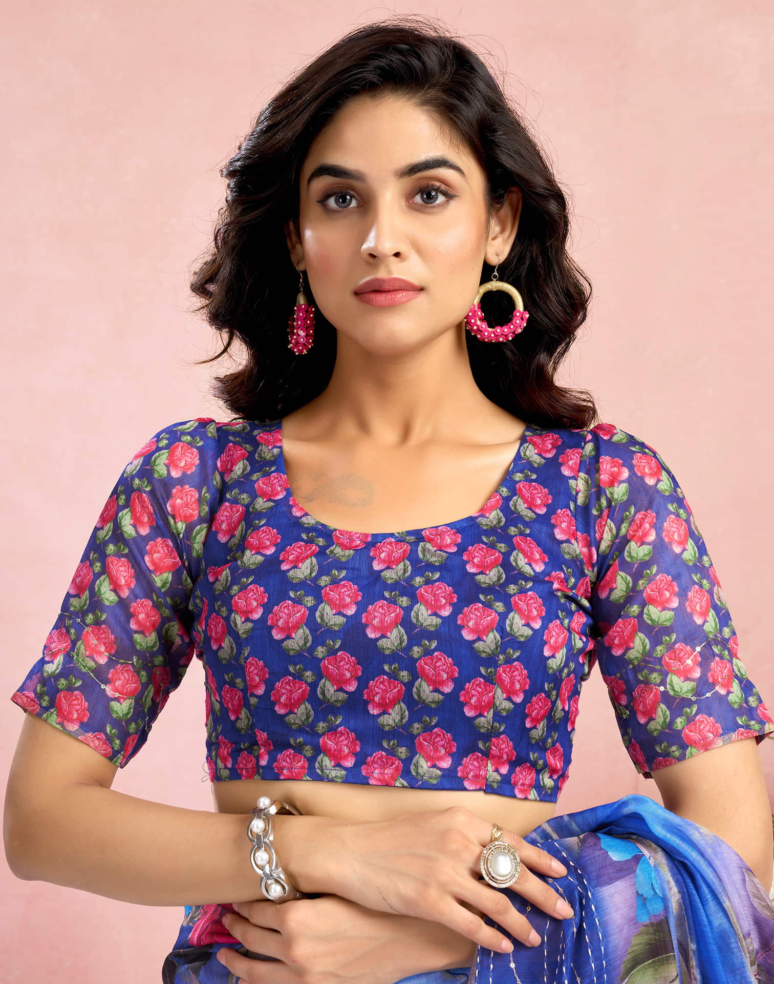 Ready To Wear Blue Chanderi Embroidery Floral Printed Saree