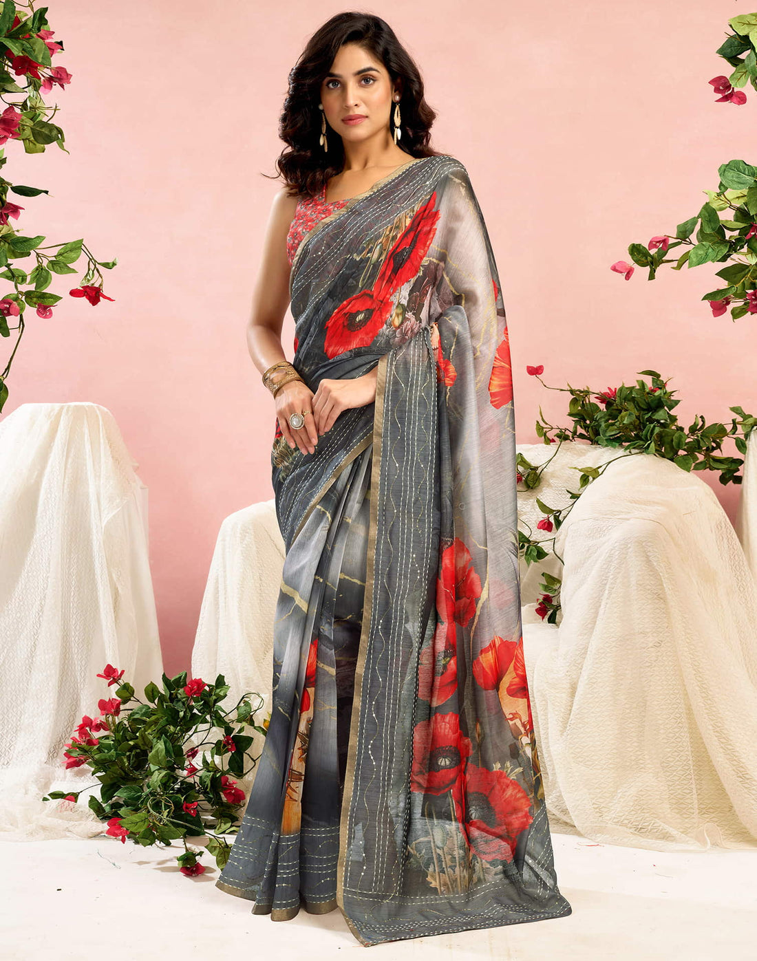 Ready To Wear Grey Chanderi Embroidery Floral Printed Saree