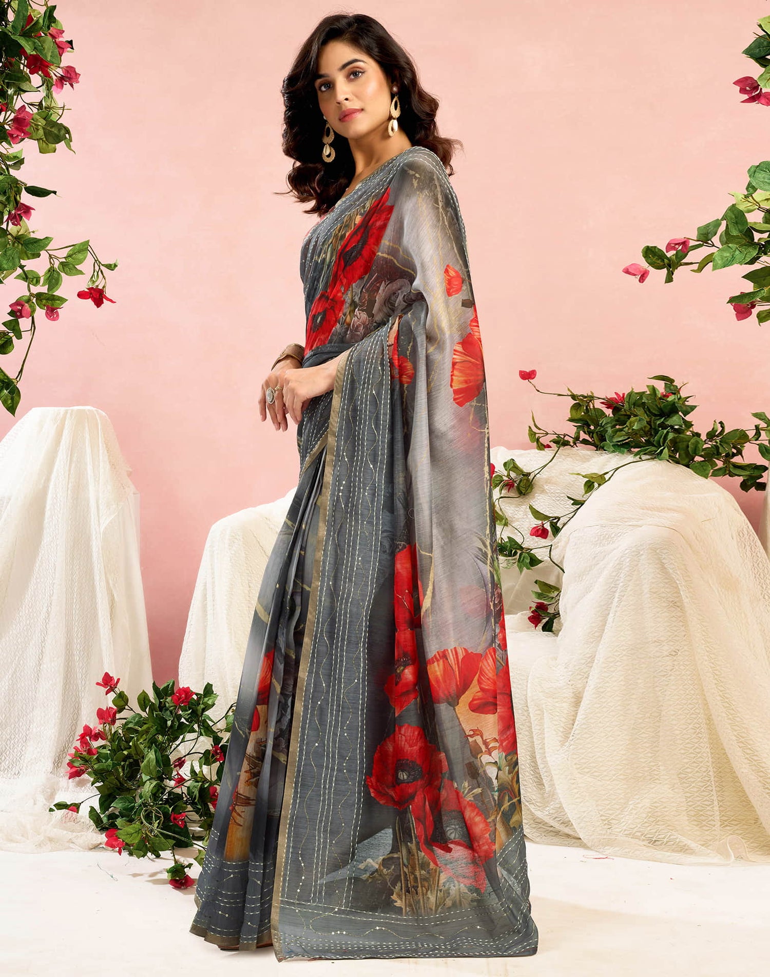 Ready To Wear Grey Chanderi Embroidery Floral Printed Saree