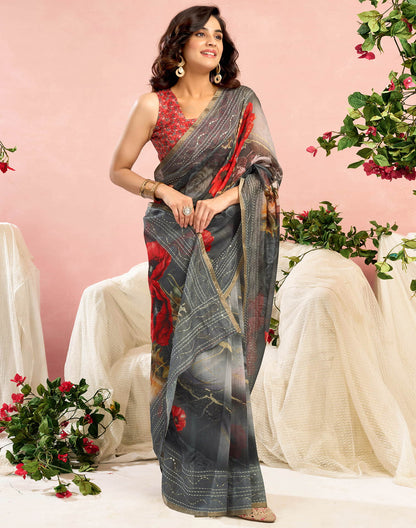 Ready To Wear Grey Chanderi Embroidery Floral Printed Saree