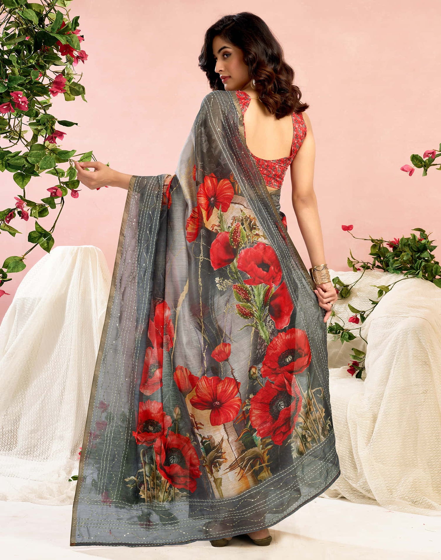 Ready To Wear Grey Chanderi Embroidery Floral Printed Saree