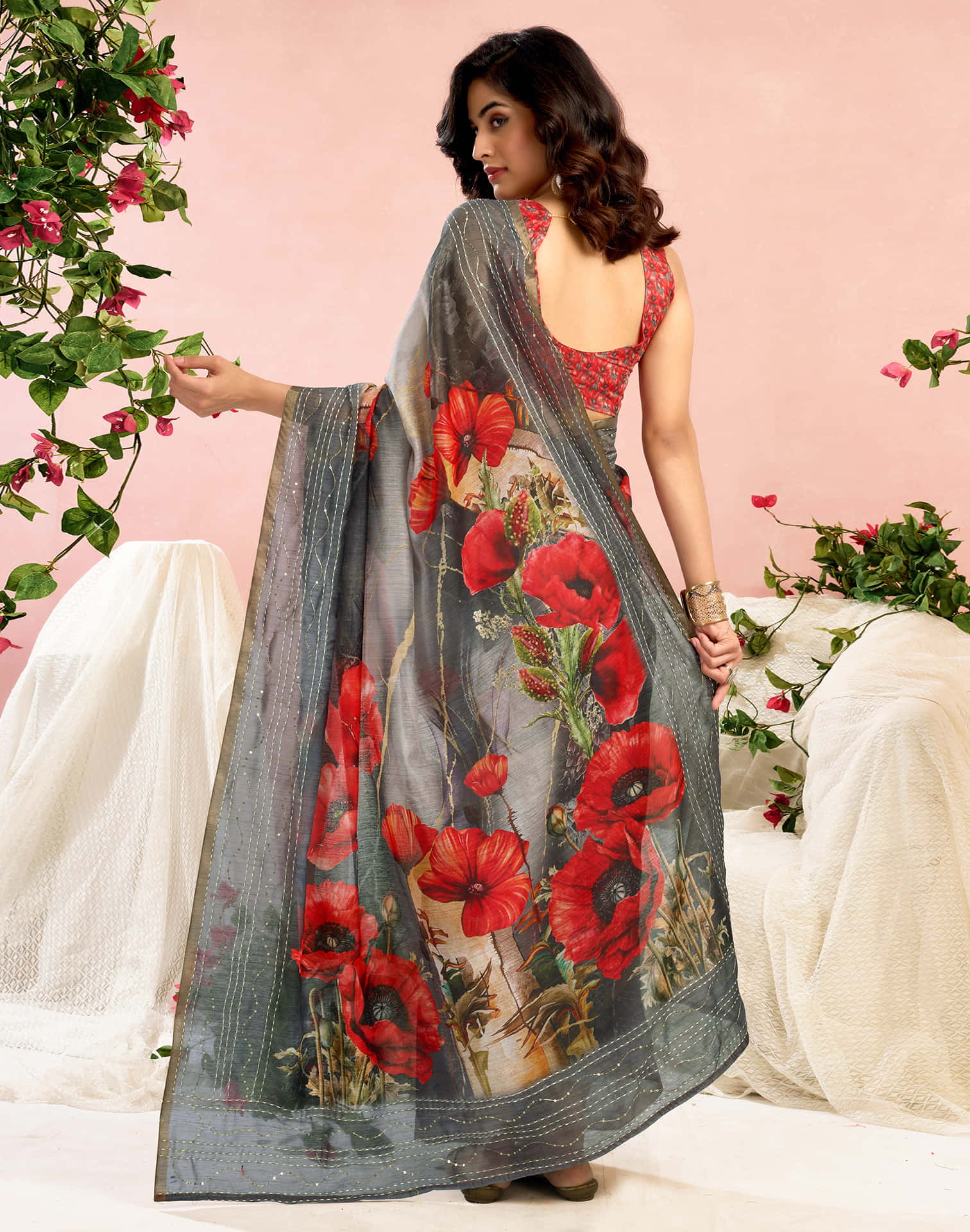 Ready To Wear Grey Chanderi Embroidery Floral Printed Saree