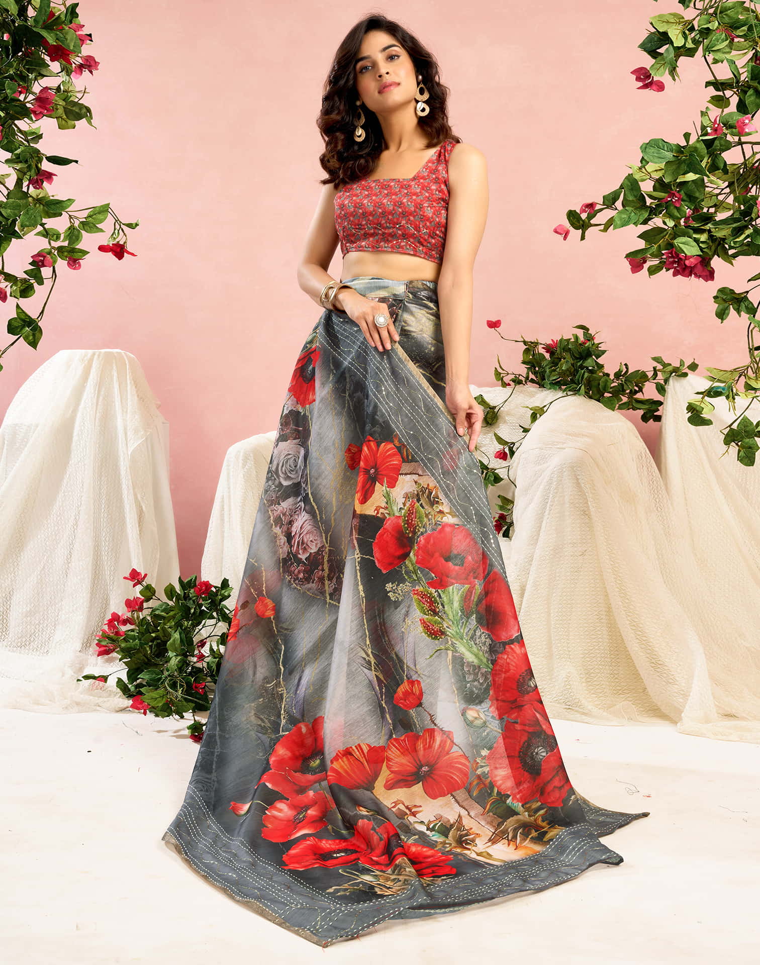 Ready To Wear Grey Chanderi Embroidery Floral Printed Saree
