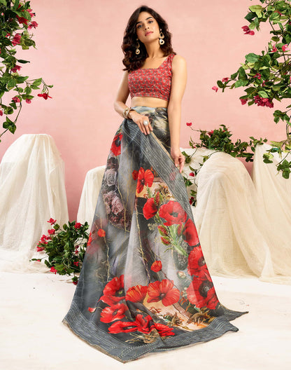Ready To Wear Grey Chanderi Embroidery Floral Printed Saree