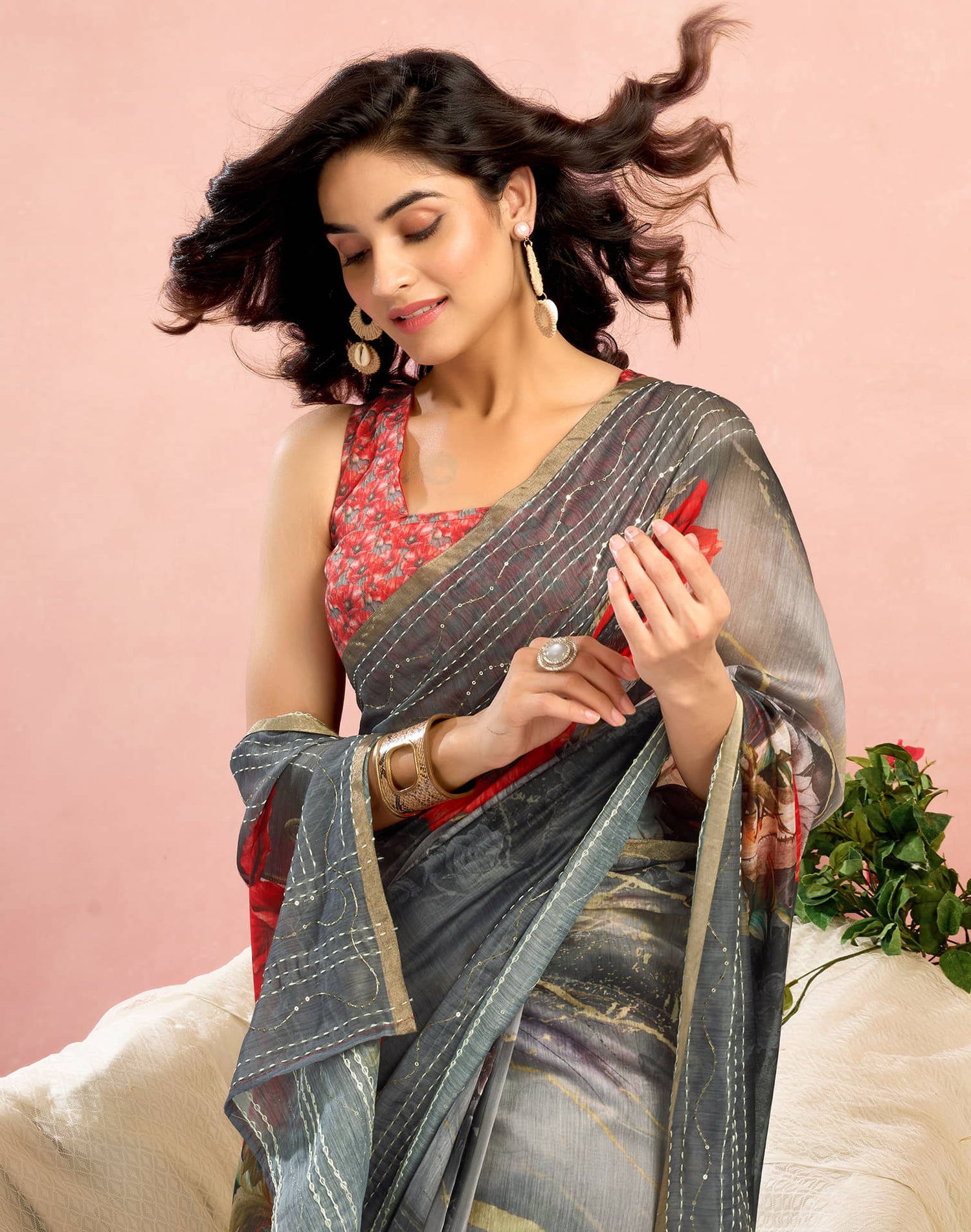 Ready To Wear Grey Chanderi Embroidery Floral Printed Saree