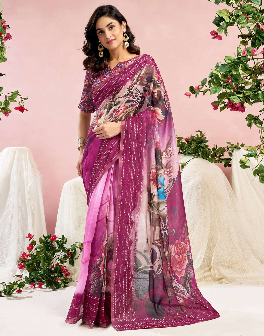 Ready To Wear Magenta Chanderi Embroidery Floral Printed Saree