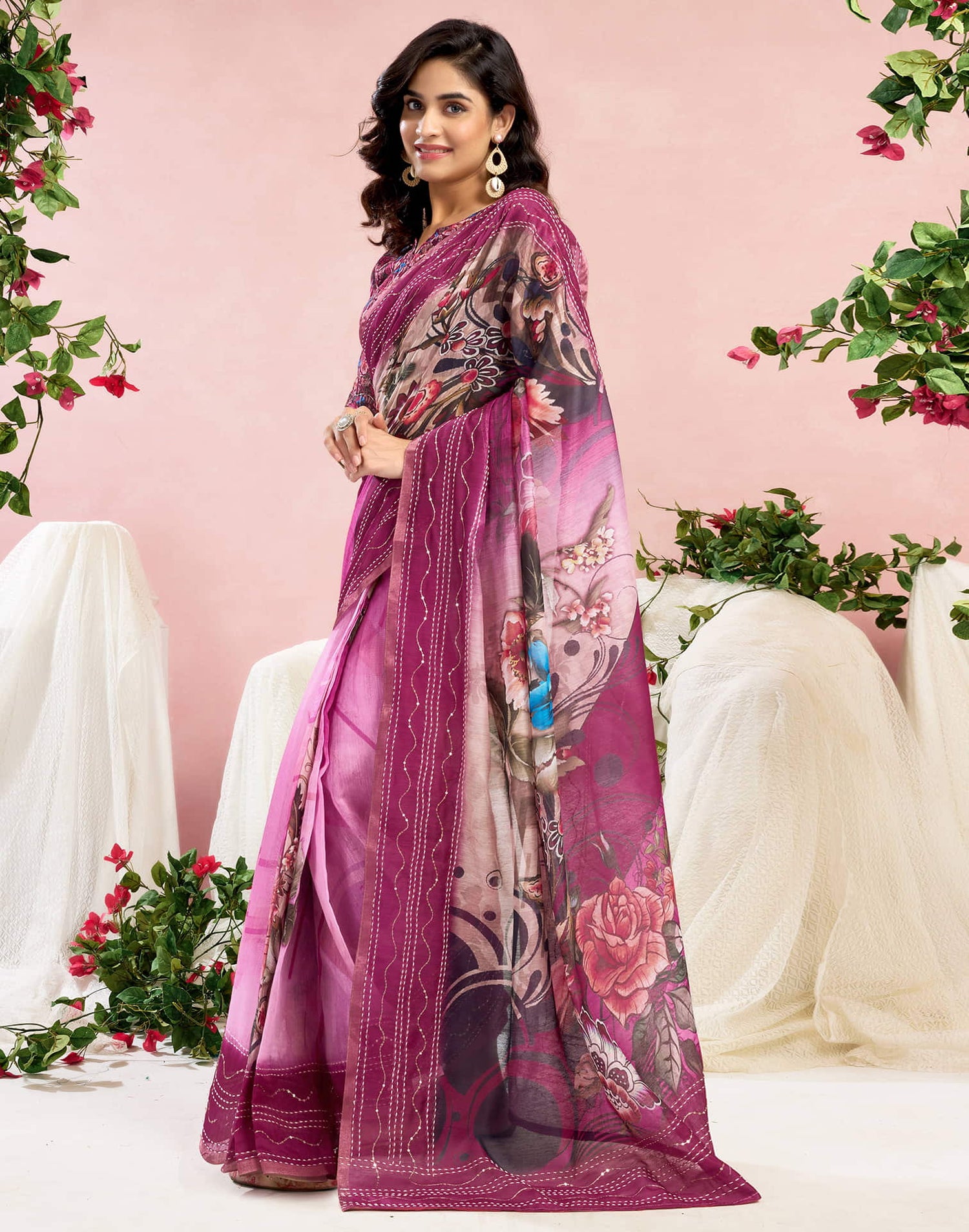 Ready To Wear Magenta Chanderi Embroidery Floral Printed Saree