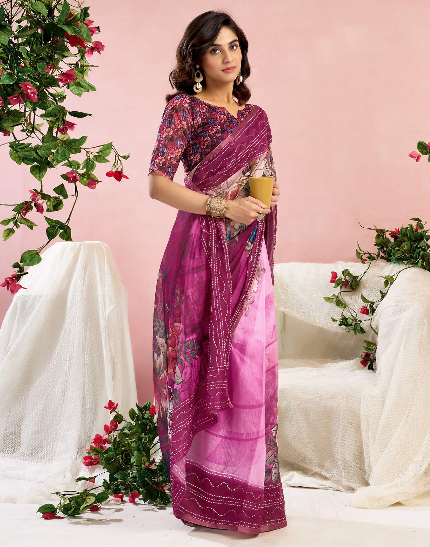 Ready To Wear Magenta Chanderi Embroidery Floral Printed Saree