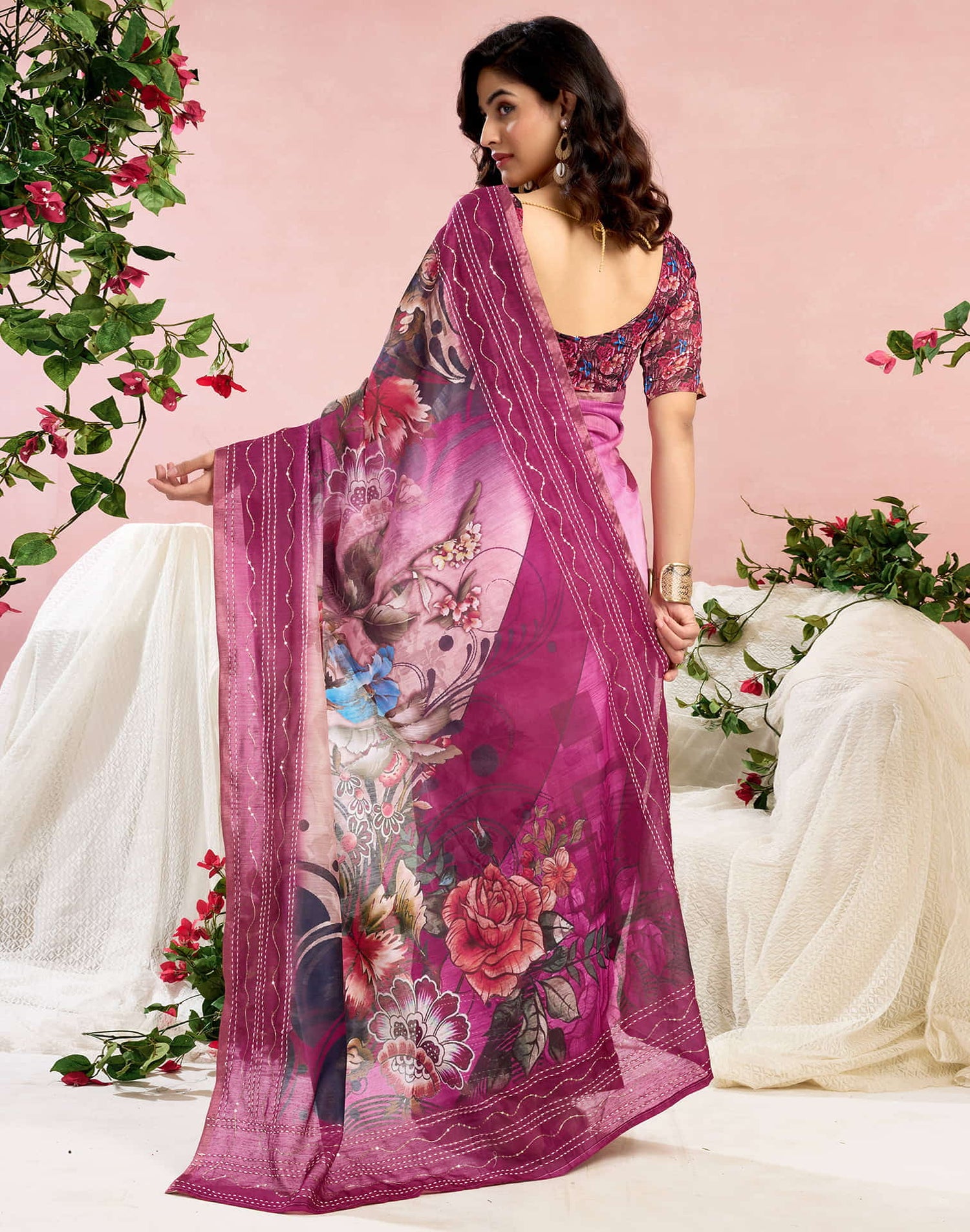 Ready To Wear Magenta Chanderi Embroidery Floral Printed Saree
