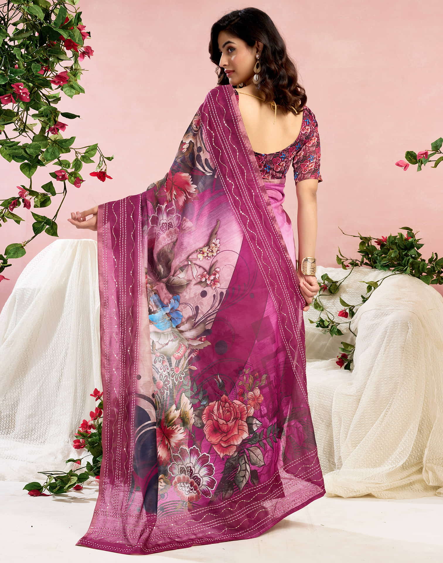 Ready To Wear Magenta Chanderi Embroidery Floral Printed Saree
