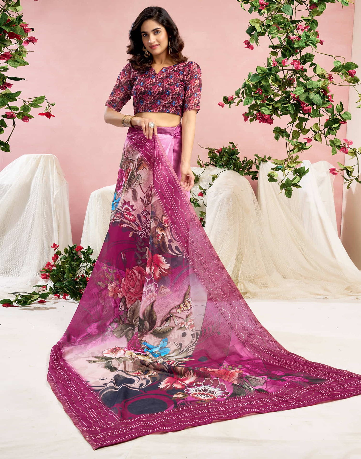 Ready To Wear Magenta Chanderi Embroidery Floral Printed Saree