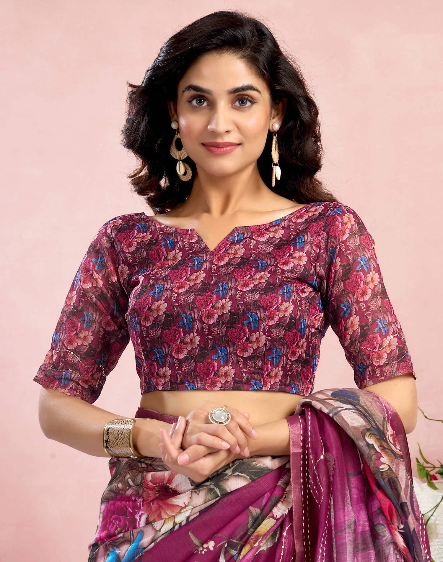 Ready To Wear Magenta Chanderi Embroidery Floral Printed Saree