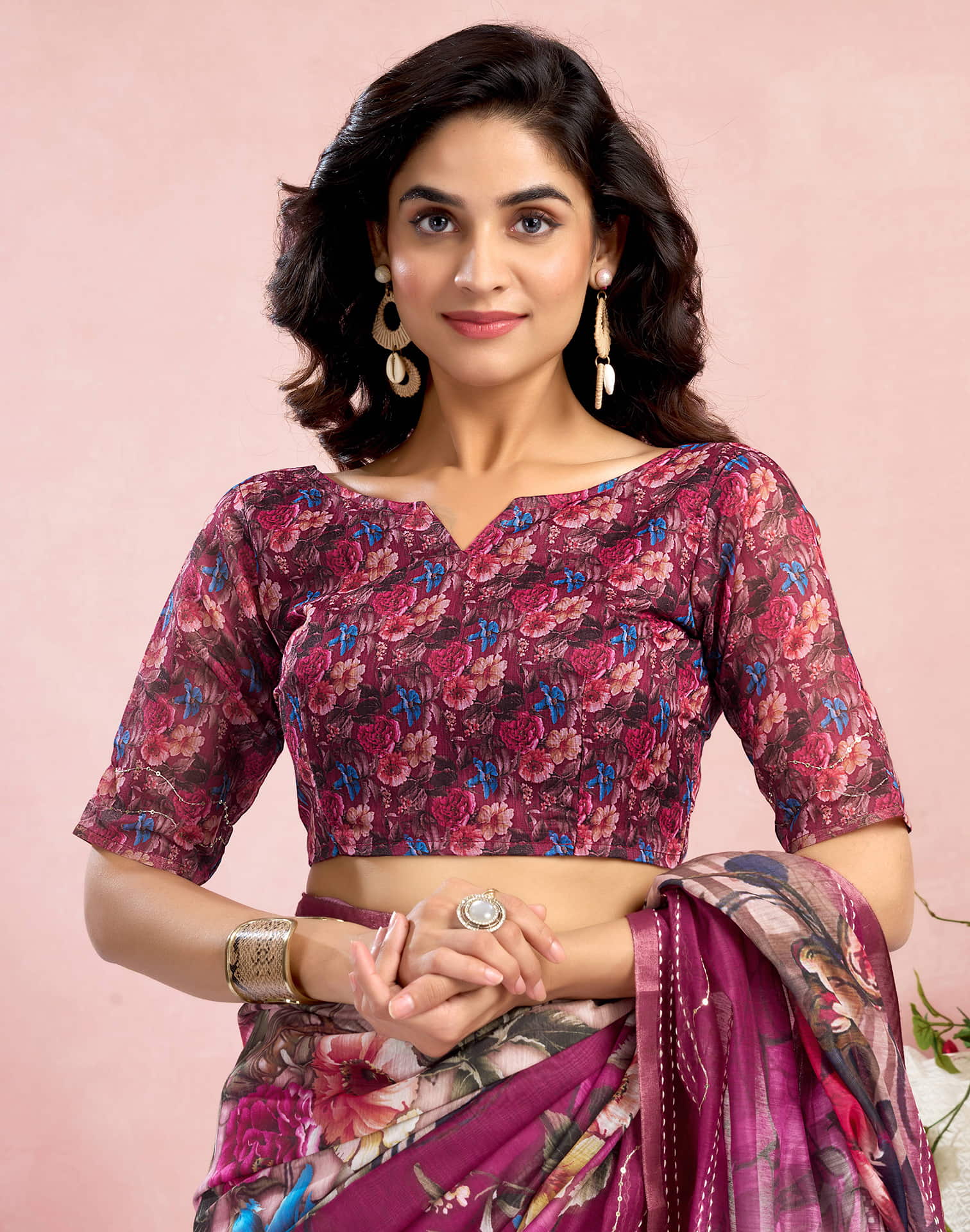 Ready To Wear Magenta Chanderi Embroidery Floral Printed Saree
