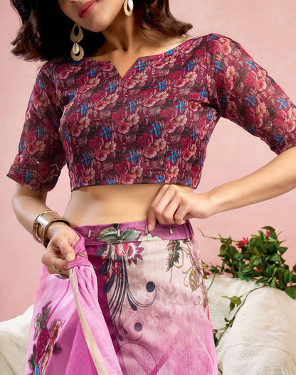 Ready To Wear Magenta Chanderi Embroidery Floral Printed Saree