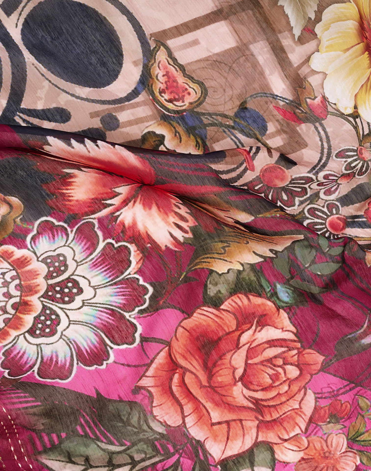 Ready To Wear Magenta Chanderi Embroidery Floral Printed Saree