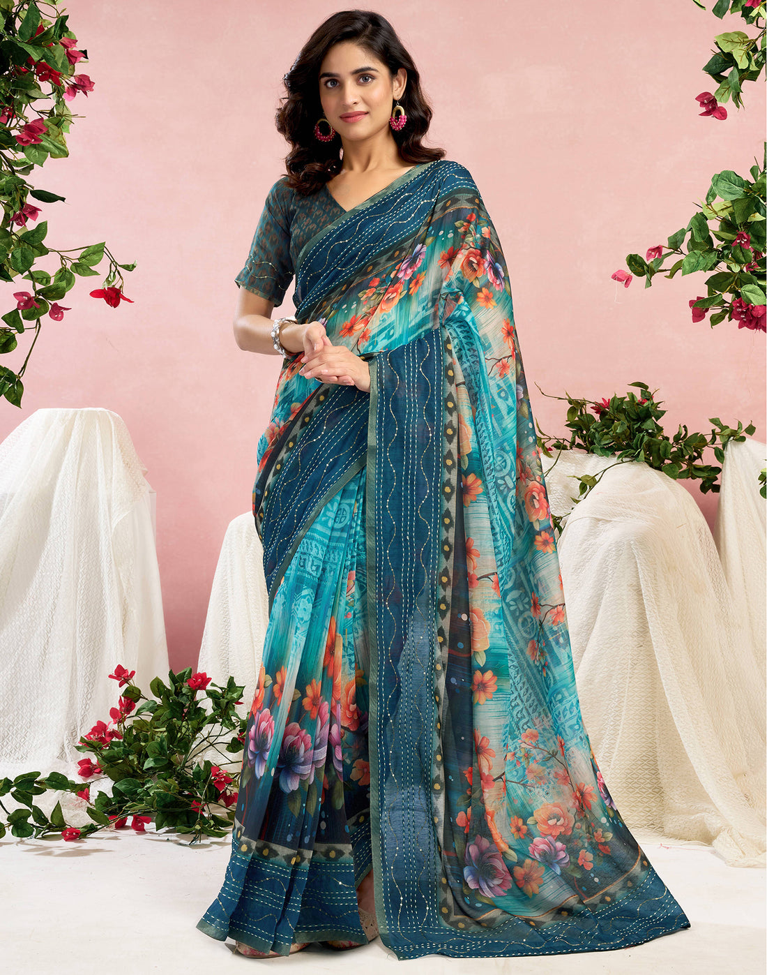 Ready To Wear Blue Chanderi Embroidery Floral Printed Saree