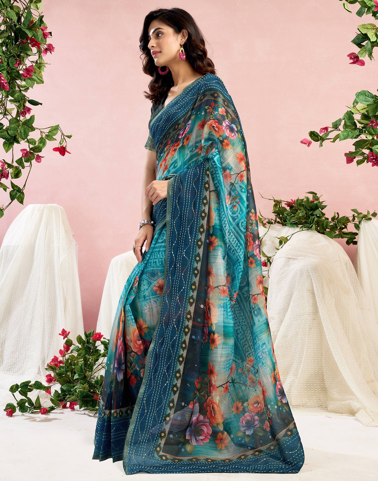 Ready To Wear Blue Chanderi Embroidery Floral Printed Saree