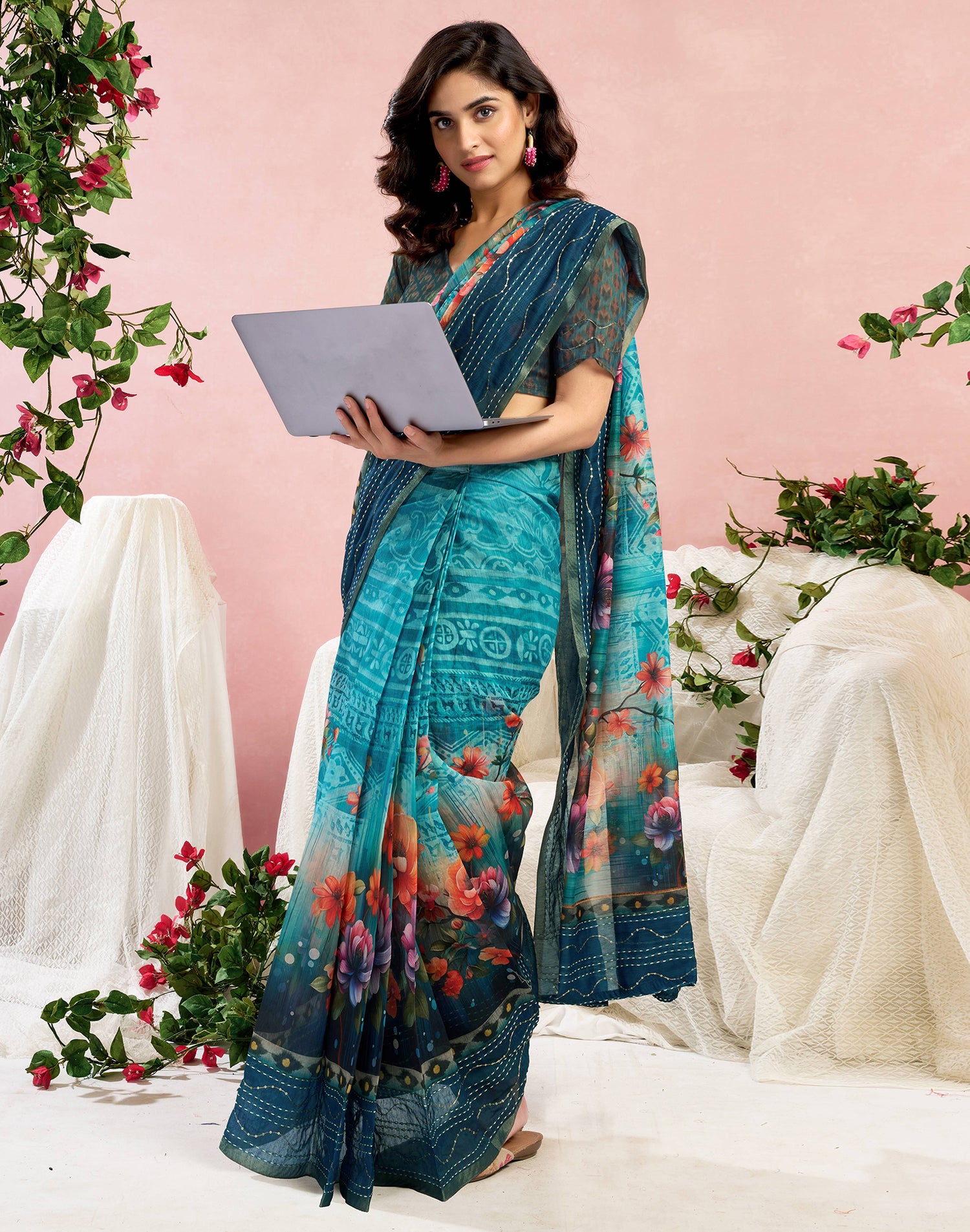Ready To Wear Blue Chanderi Embroidery Floral Printed Saree