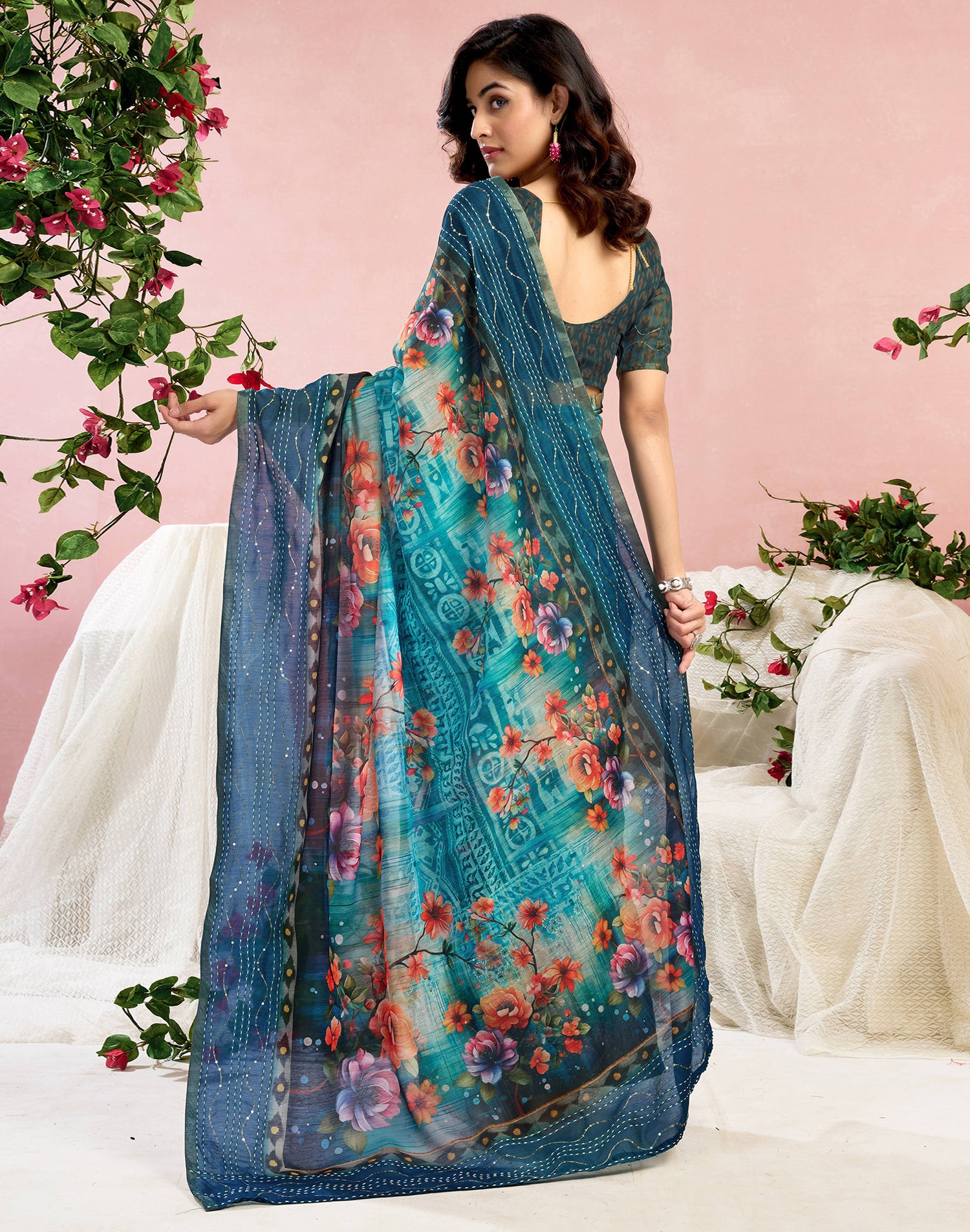 Ready To Wear Blue Chanderi Embroidery Floral Printed Saree