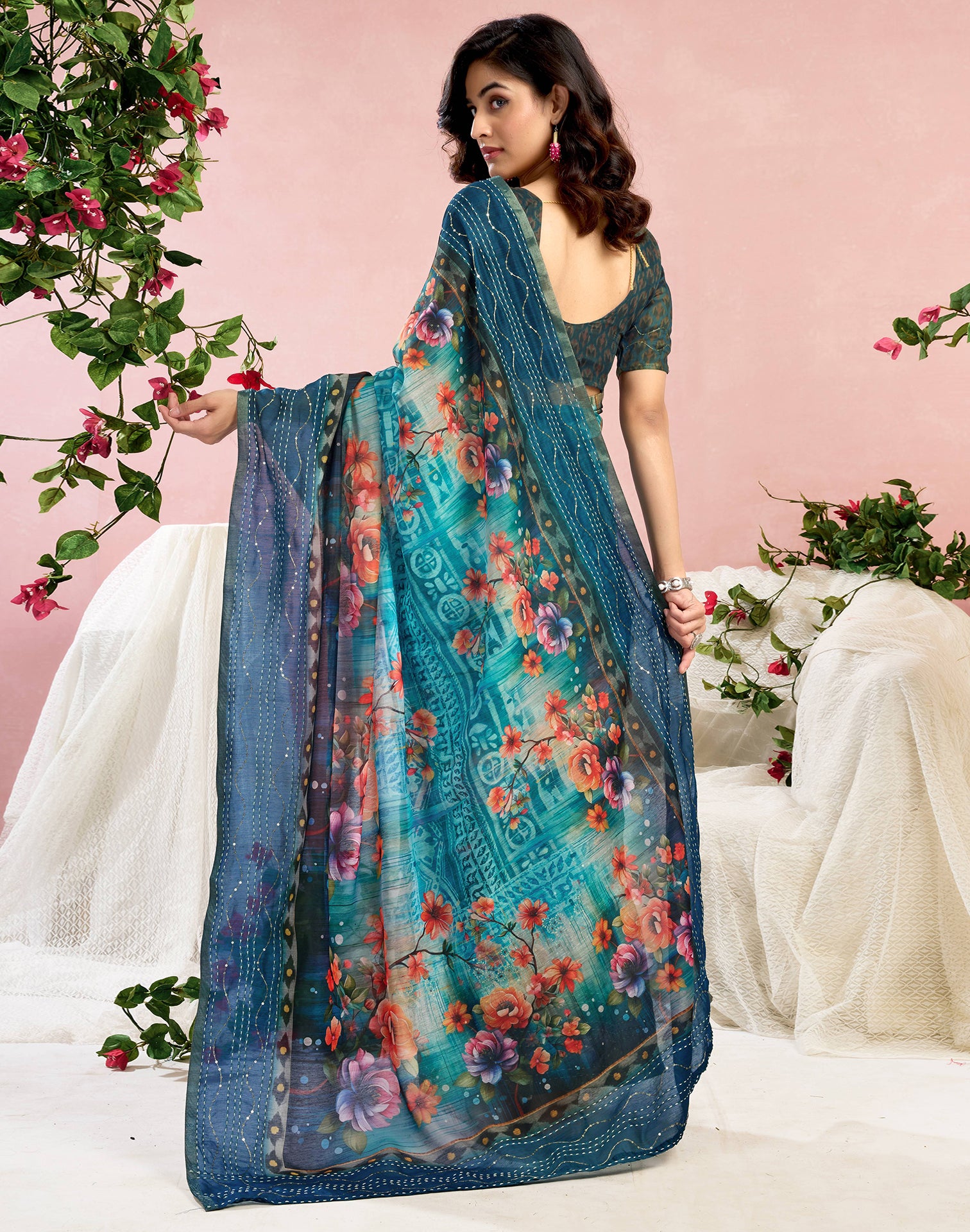 Ready To Wear Blue Chanderi Embroidery Floral Printed Saree