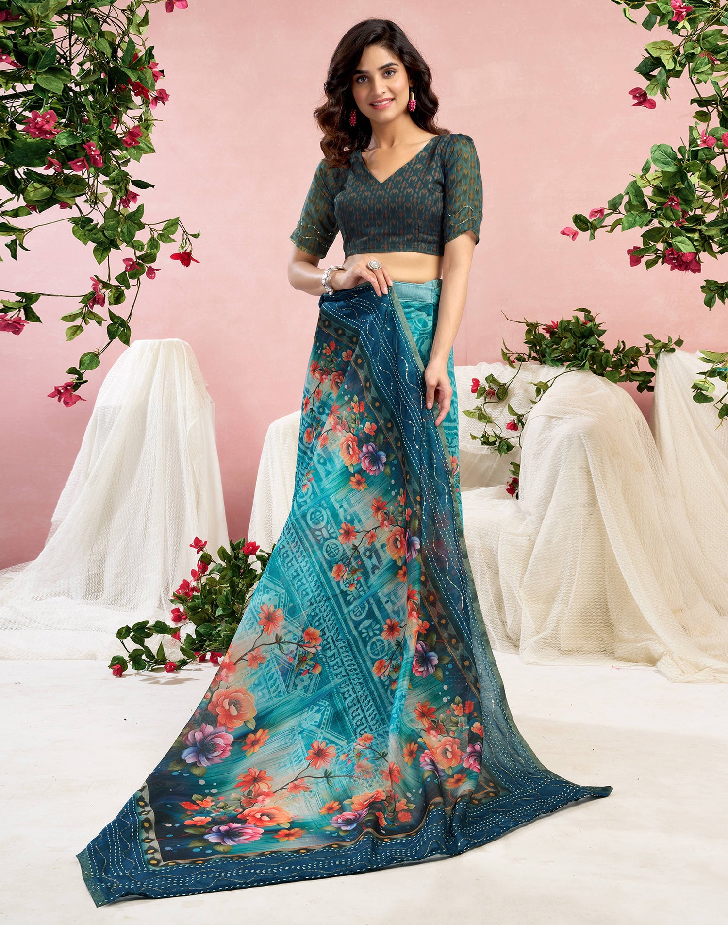 Ready To Wear Blue Chanderi Embroidery Floral Printed Saree