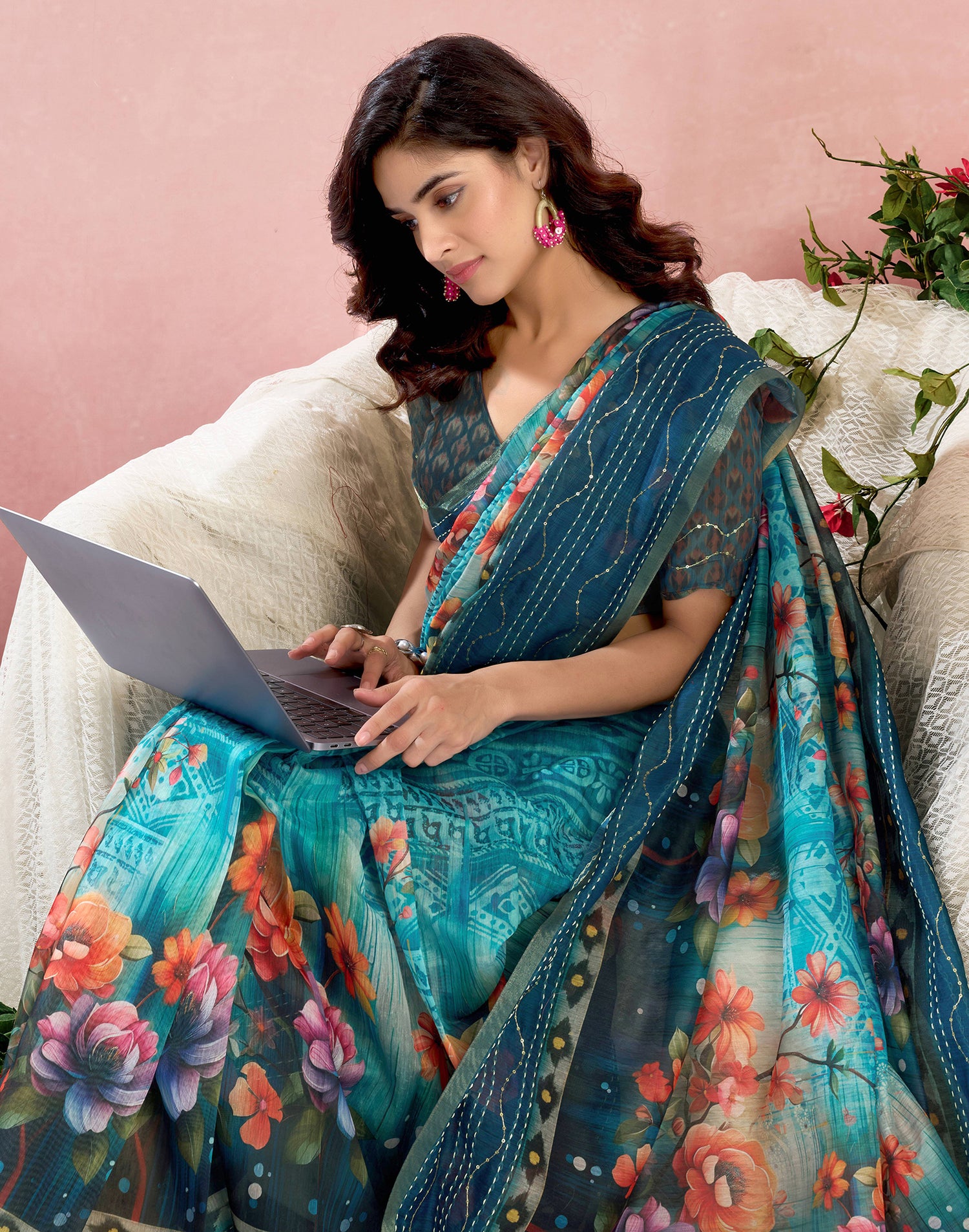 Ready To Wear Blue Chanderi Embroidery Floral Printed Saree