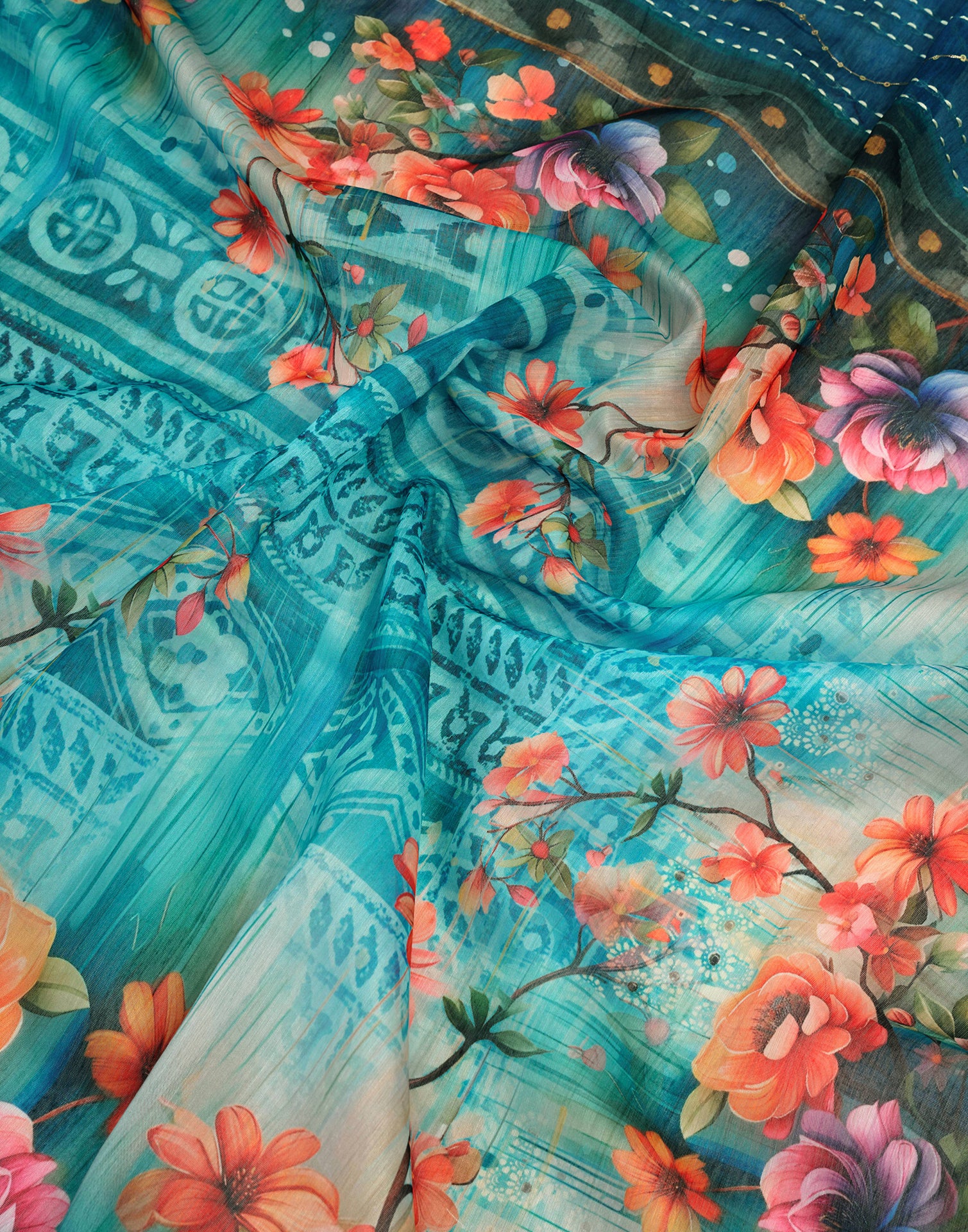 Ready To Wear Blue Chanderi Embroidery Floral Printed Saree