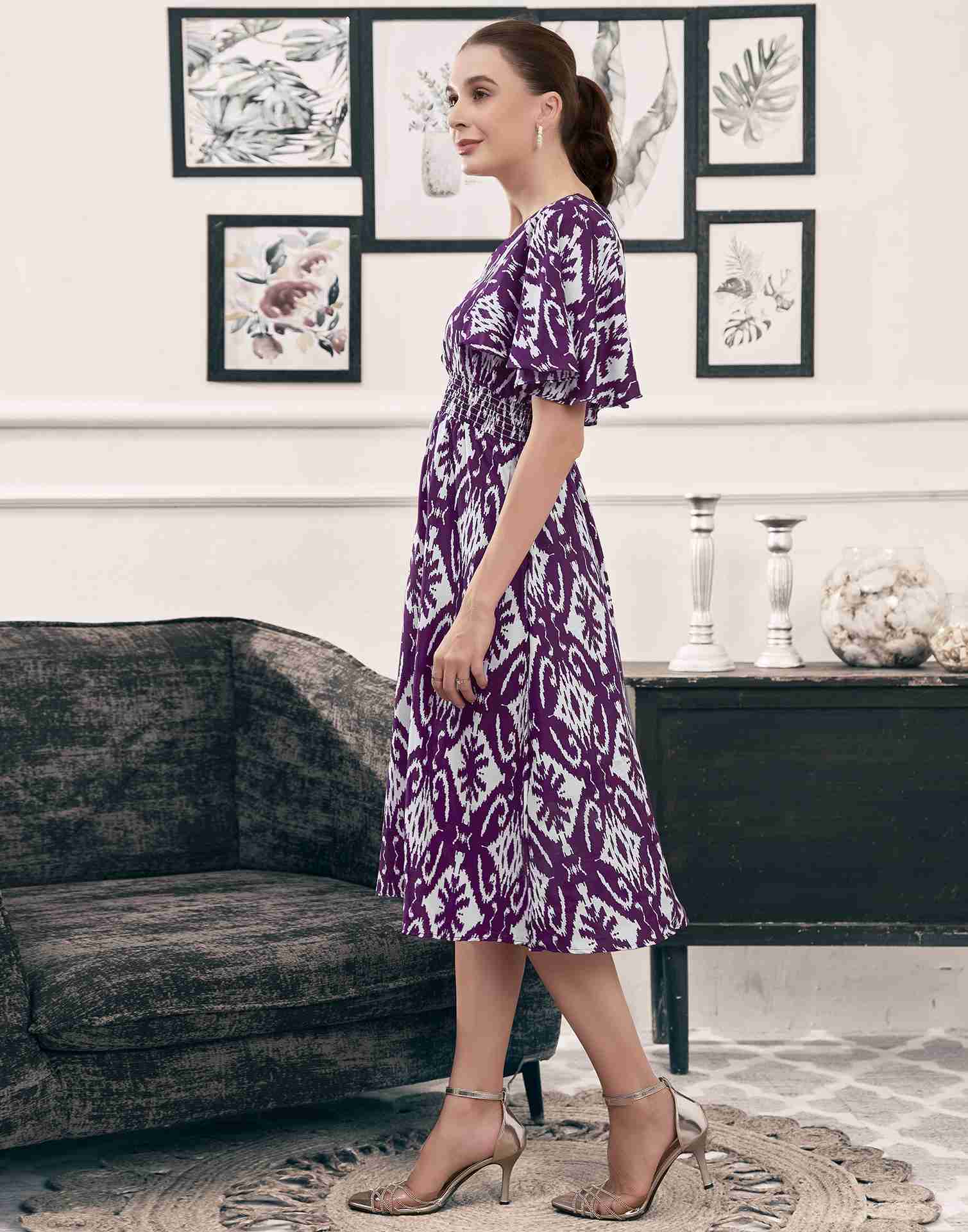 Dark Purple Polyester Printed A-Line Dress