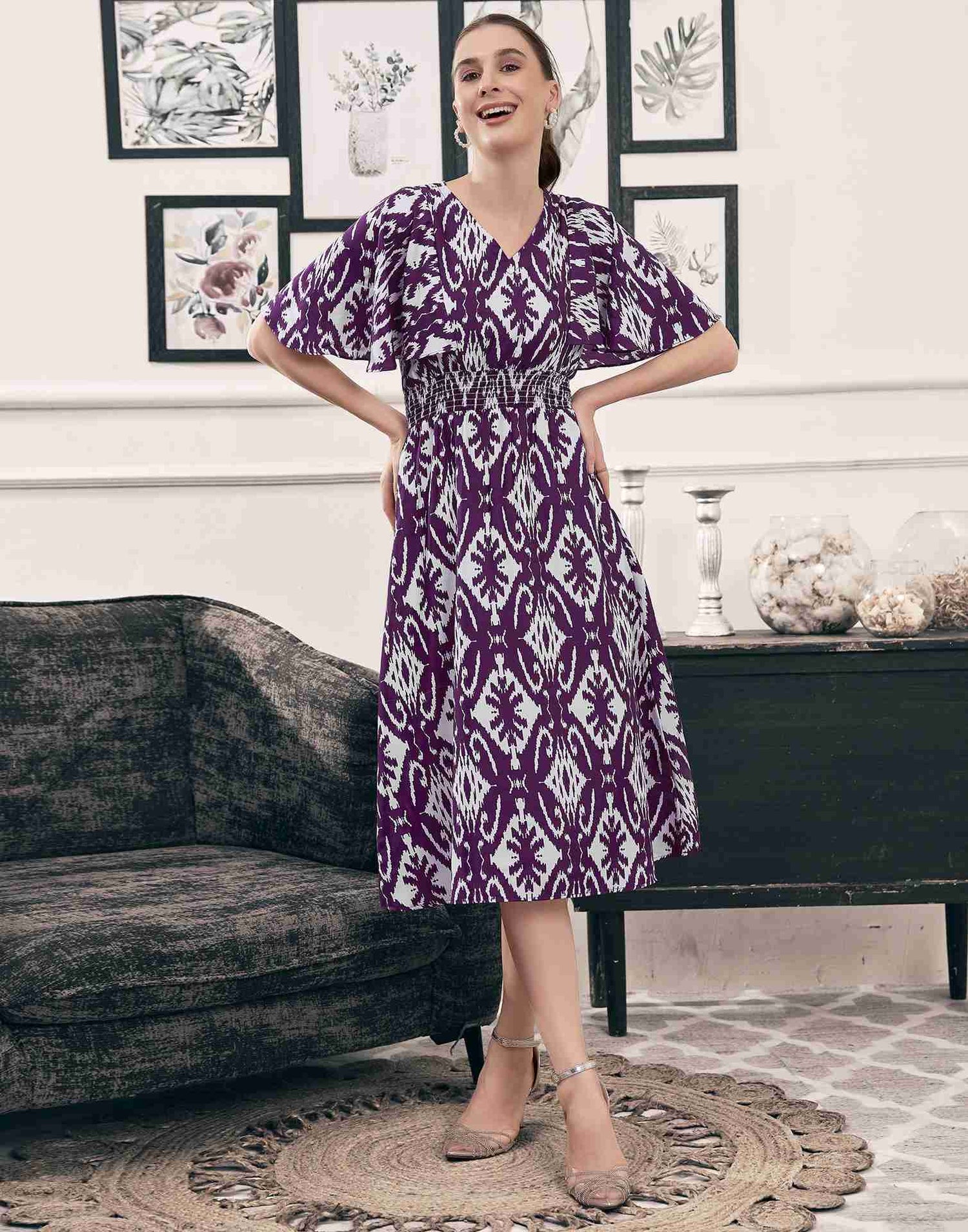 Dark Purple Polyester Printed A-Line Dress