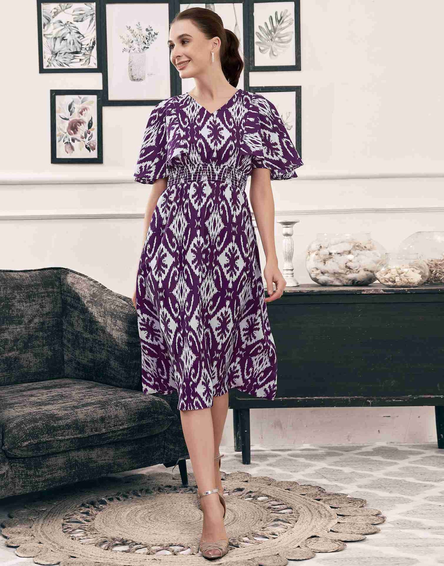 Dark Purple Polyester Printed A-Line Dress