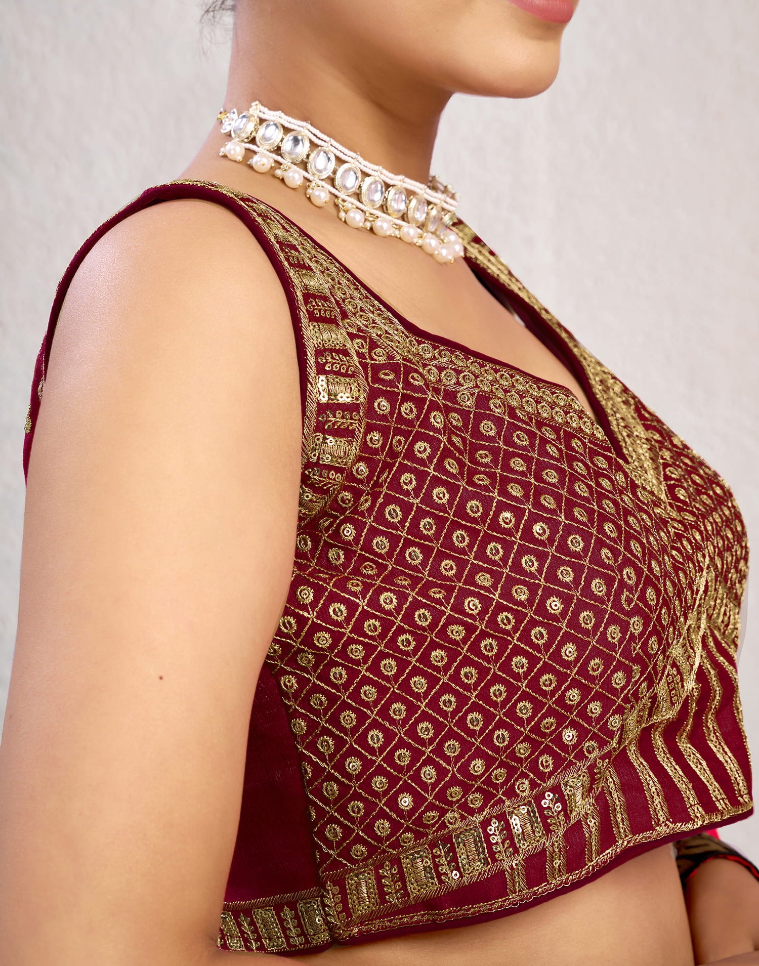 Maroon Silk Plain Embroidery Blouse