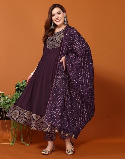 Wine Plain Chinnon Flared Kurta Set With Dupatta