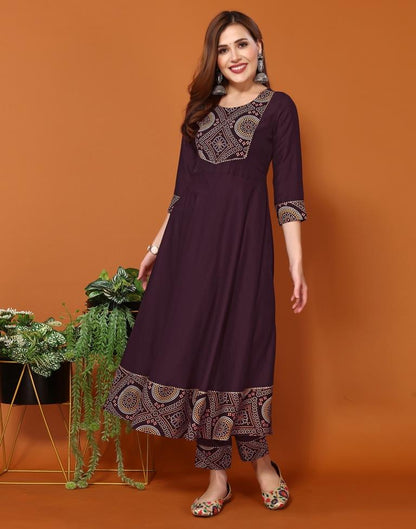 Wine Plain Chinnon Flared Kurta Set With Dupatta