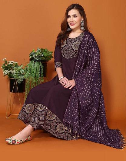 Wine Plain Chinnon Flared Kurta Set With Dupatta