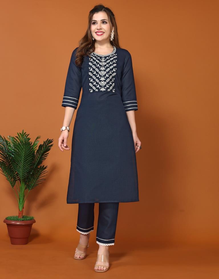 Navy Blue Embroidery Cotton Straight kurta With Pant And Dupatta