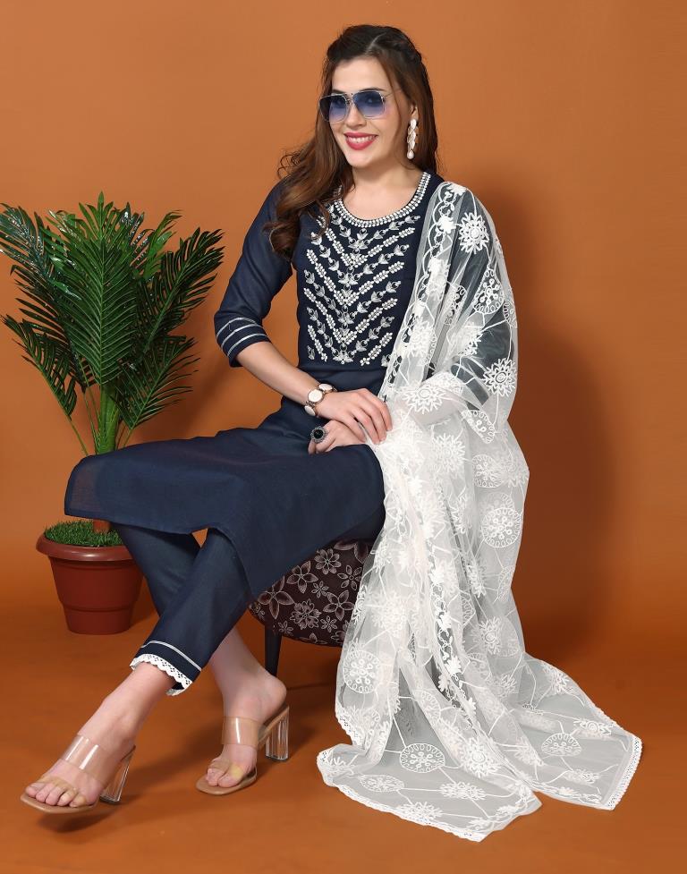 Navy Blue Embroidery Cotton Straight kurta With Pant And Dupatta