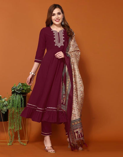 Maroon Plain Chinnon Flared Kurta Set with Dupatta