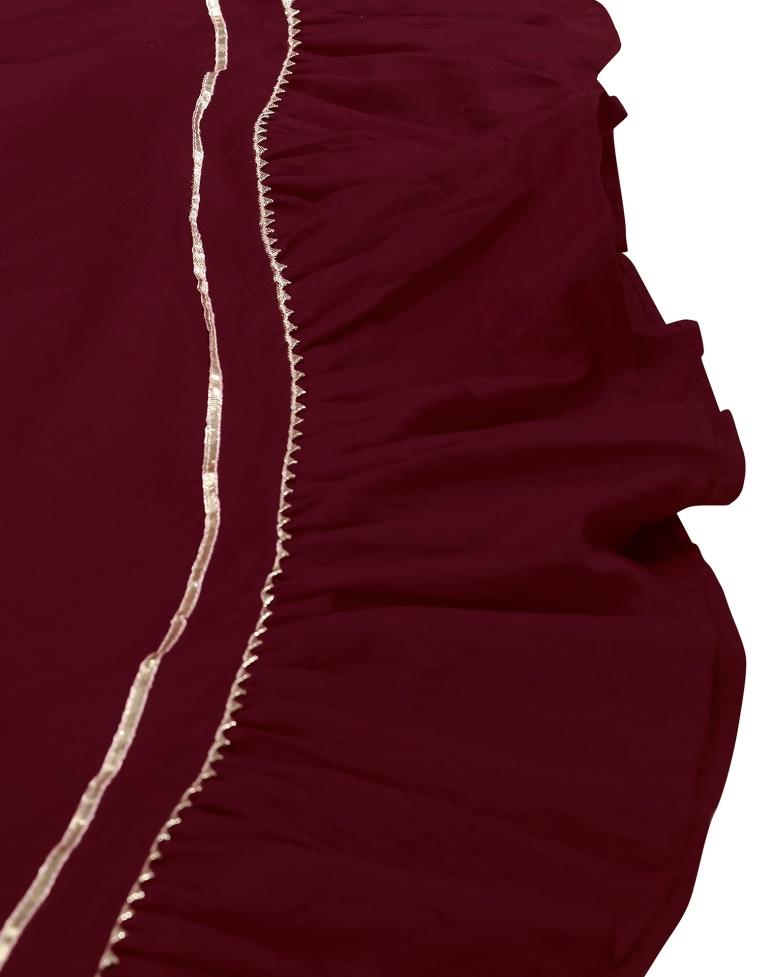 Maroon Plain Chinnon Flared Kurta Set with Dupatta