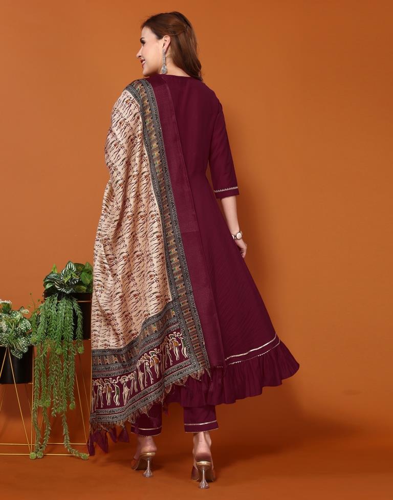 Maroon Plain Chinnon Flared Kurta Set with Dupatta