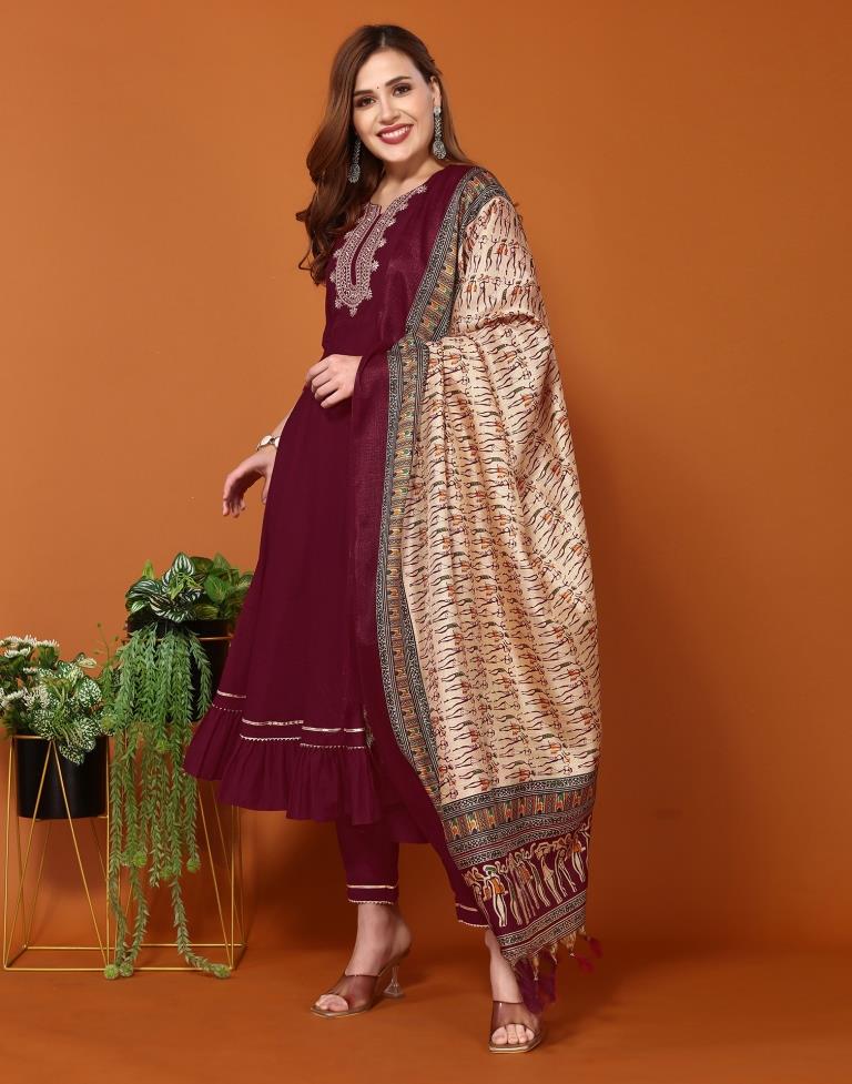 Maroon Plain Chinnon Flared Kurta Set with Dupatta