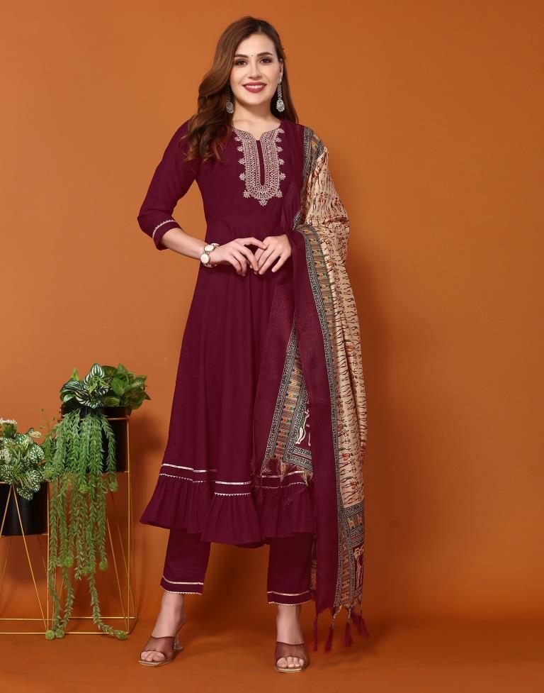 Maroon Plain Chinnon Flared Kurta Set with Dupatta