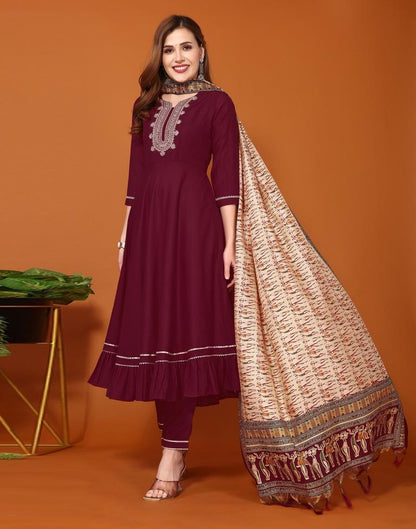 Maroon Plain Chinnon Flared Kurta Set with Dupatta