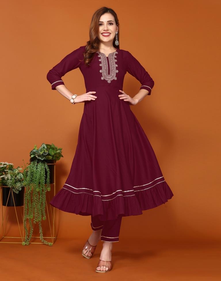 Maroon Plain Chinnon Flared Kurta Set with Dupatta