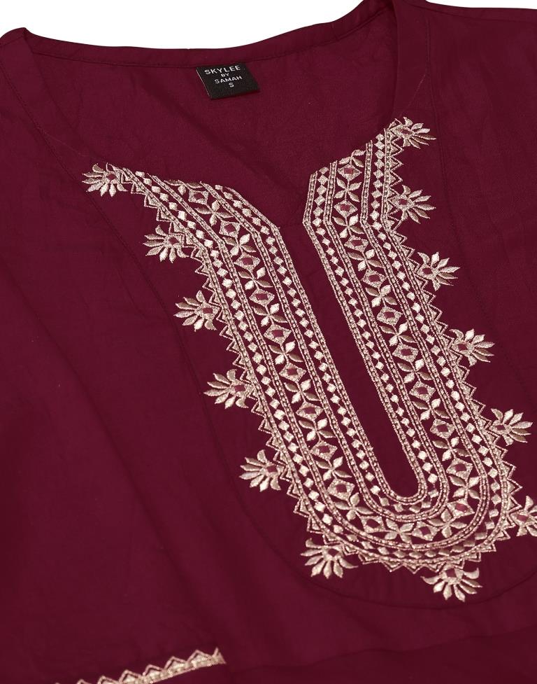 Maroon Plain Chinnon Flared Kurta Set with Dupatta