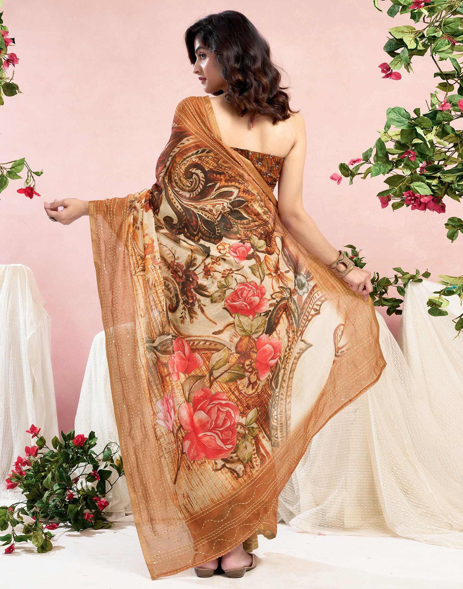 Ready To Wear Brown Chanderi Embroidery Floral Printed Saree